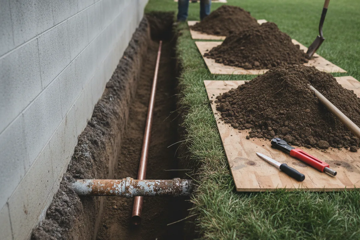 Excavated water line trench during Sewer Line Repair in Mayville